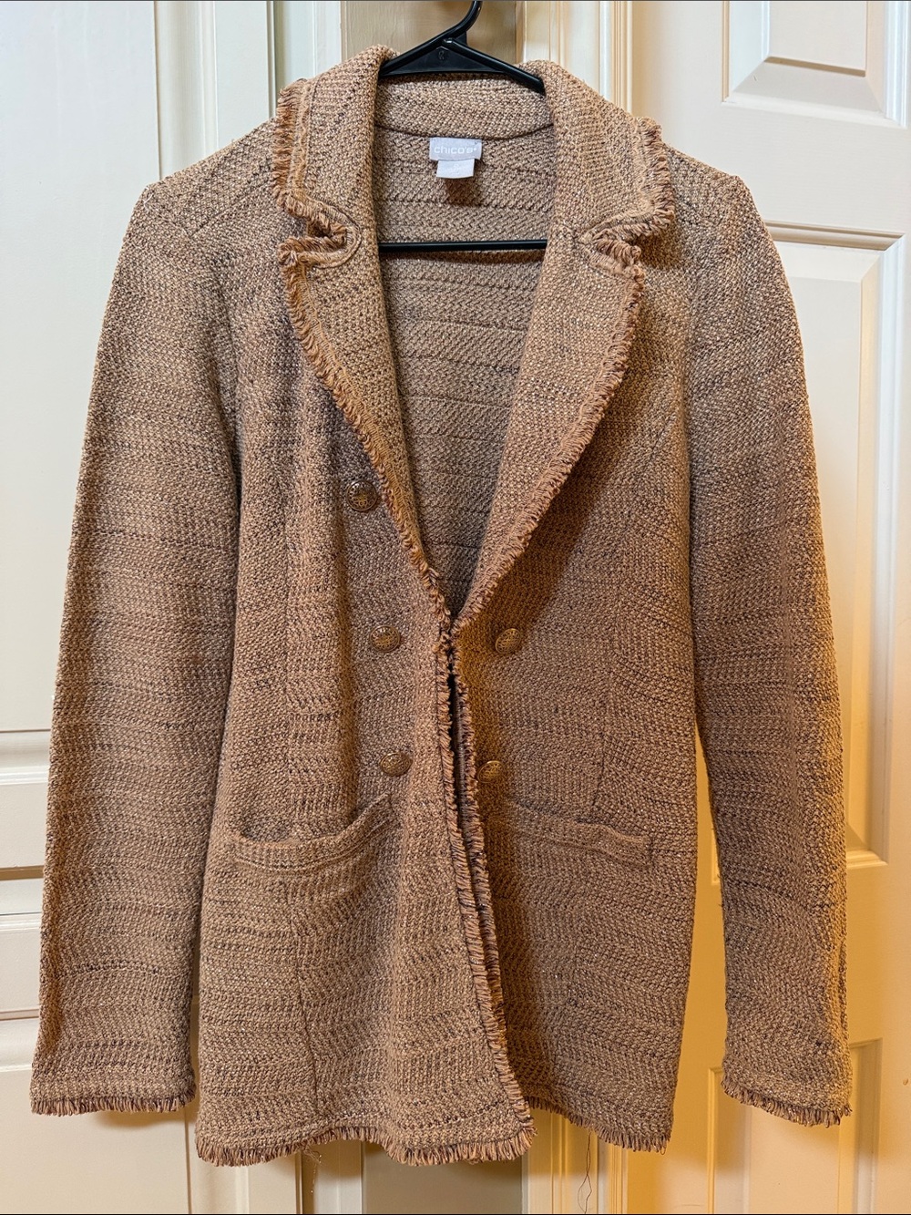 Chico's Camel Metallic Textured Knit Double-Breasted Cardigan Blazer